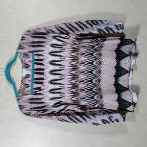 09098 Chico's tan, brown, pink & black knit shirt w/sheer sleeves 2 L